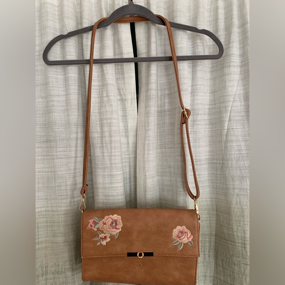 Embroidered Floral Convertible Camel Crossbody
